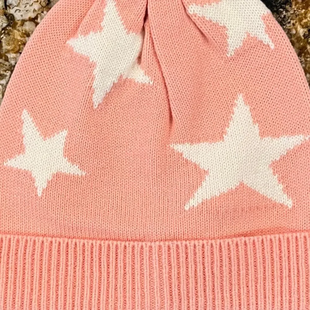 NWT J. Crew Girls' Pink W/Ivory Stars Knit Hat/Beanie
